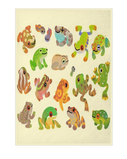 Blanket of colorful frog stickers with dimensions on a white background