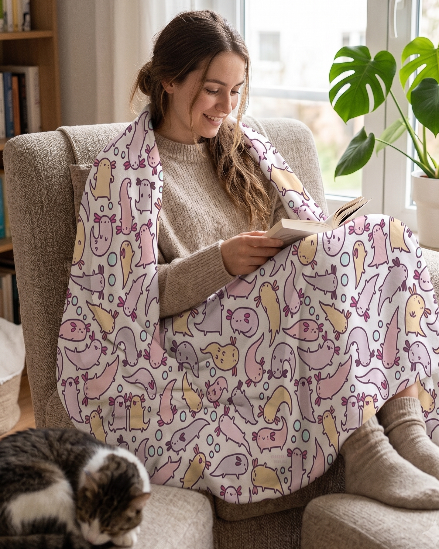 A woman sits in a beige armchair by a window, wrapped in a large patterned blanket with cartoon axolotls
