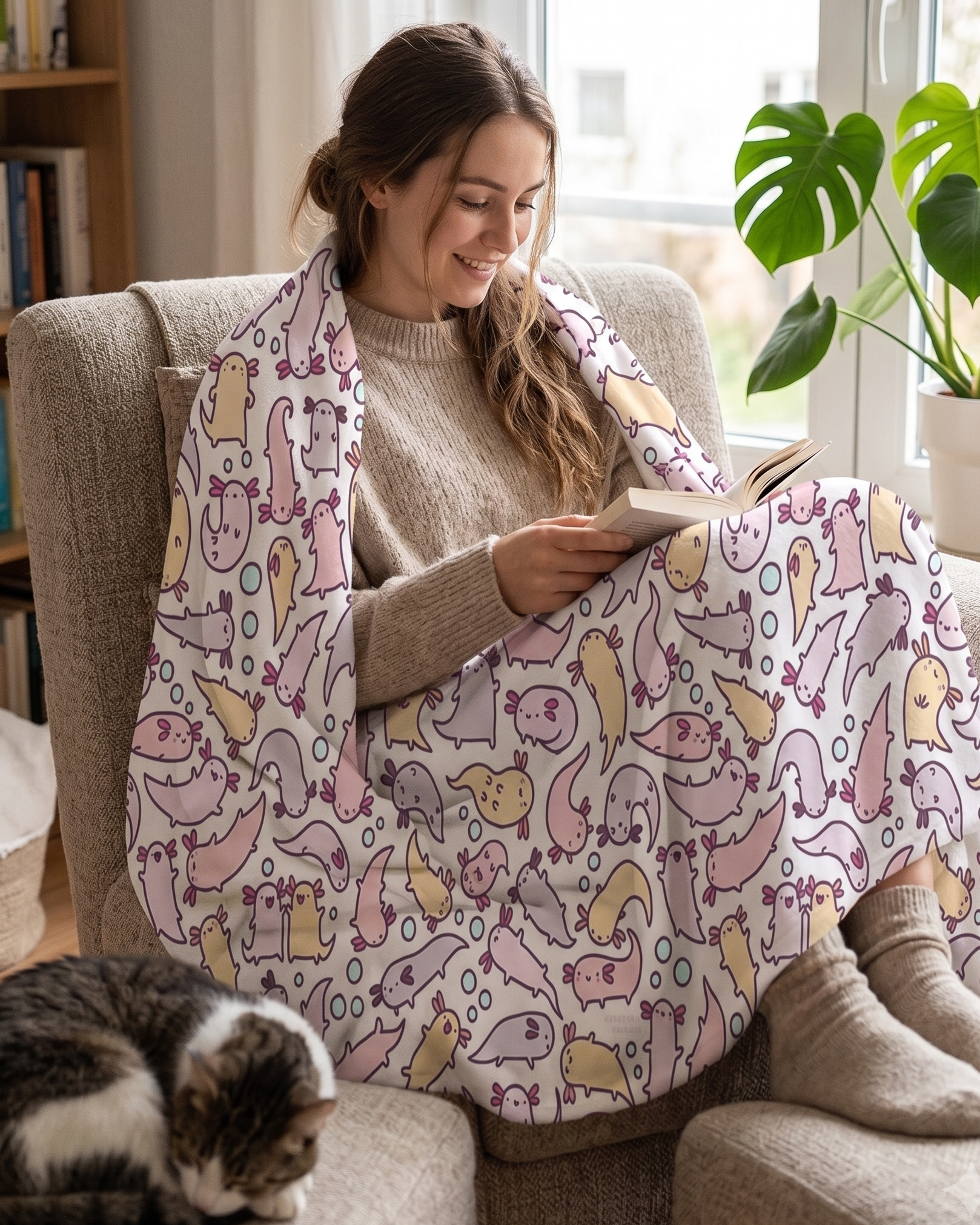 A woman sits in a beige armchair by a window, wrapped in a large patterned blanket with cartoon axolotls