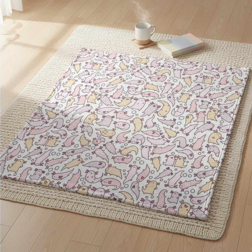 a patterned blanket with cartoon axolotls