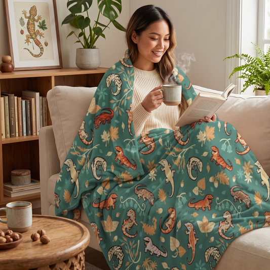 A woman sits on a beige sofa in a cozy living room, wrapped in a teal blanket printed with colorful gecko illustrations. She holds a mug and an open book, with a bookshelf, framed art, and potted plants in the background.
