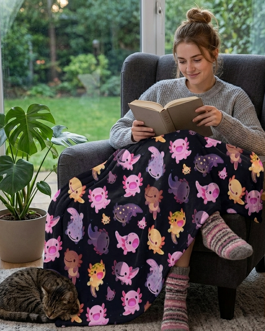 A cozy lifestyle scene showing a woman sitting in a gray armchair by a window, reading a book while wrapped in a dark blanket printed with colorful cartoon axolotls
