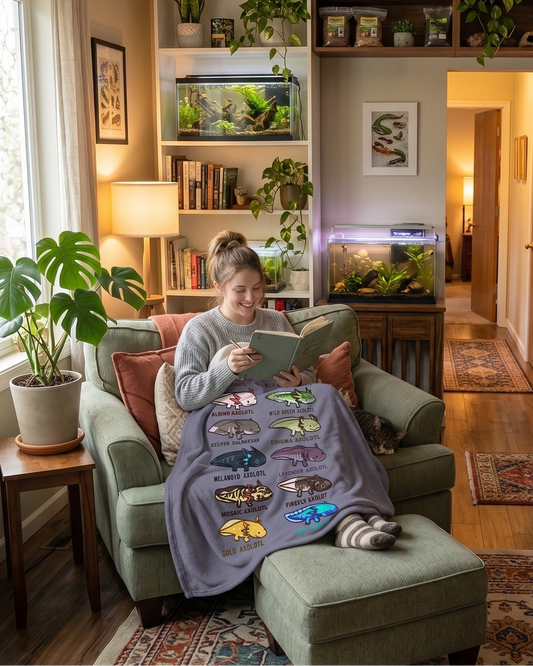 A cozy living room scene with a woman sitting in a green armchair, reading a book while wrapped in a gray blanket printed with colorful axolotls.   The room is filled with aquariums, bookshelves, plants, and warm ambient lighting.