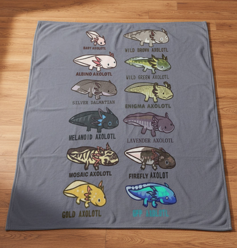 Ablanket with axolotl illustrations on a gray background