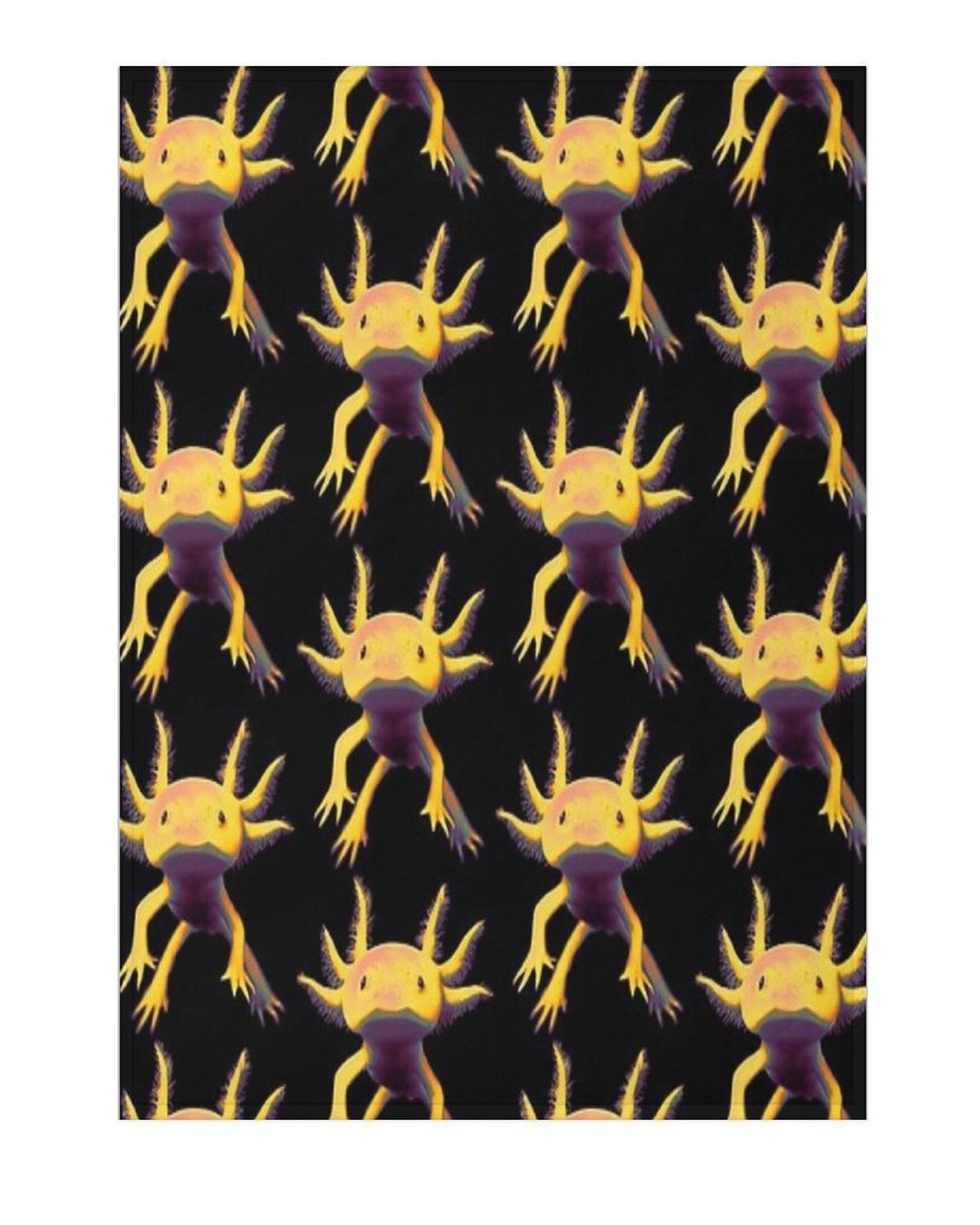 Pattern of cartoonish axolotls on a black background