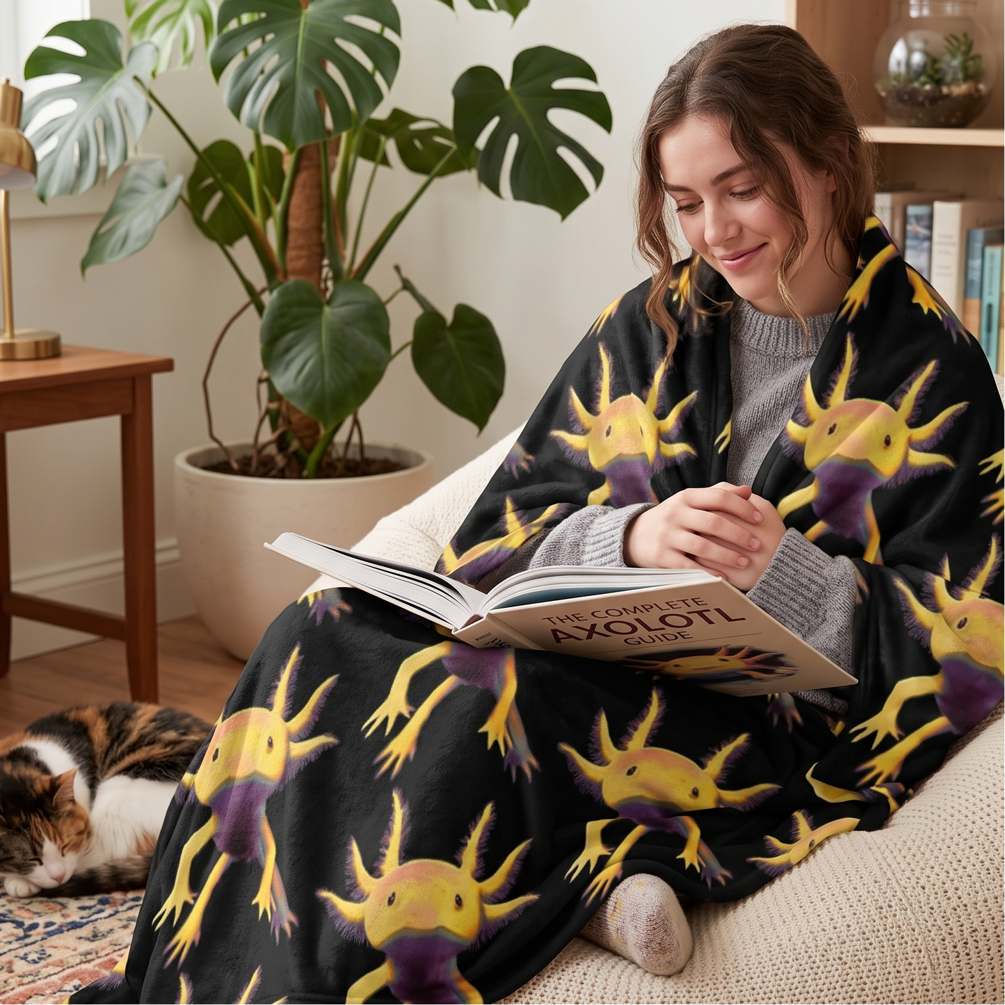 A woman sits on a cream knit beanbag chair in a cozy room, wrapped in a black blanket printed with yellow and purple axolotl. She is reading an open book.