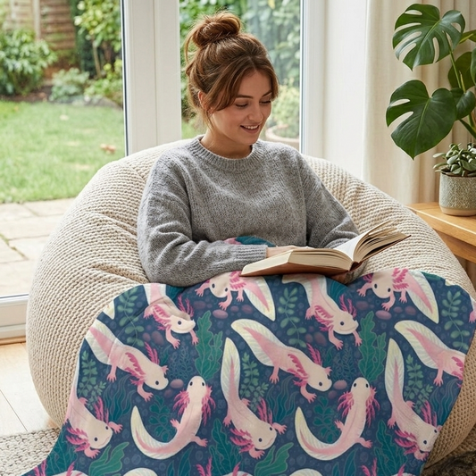 A woman sits in a cream-colored knit beanbag chair by a window, reading a book while wrapped in a blue throw blanket printed with pink and white axolotl.