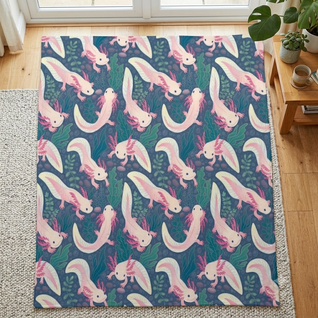 a blanket featuring a repeating pattern of pink and white axolotl on a dark blue-green background.