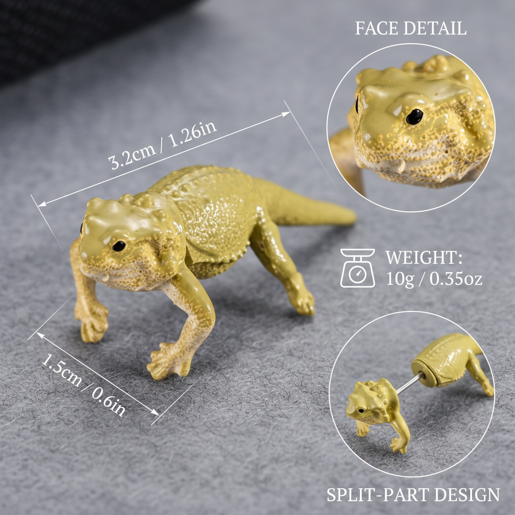 A small lizard figurine shown on a dark textured background with overlaid dimension labels, a close-up face detail inset, weight information, and a note about a split-part design.