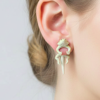 A close-up of a person's ear wearing a bearded dragon earring
