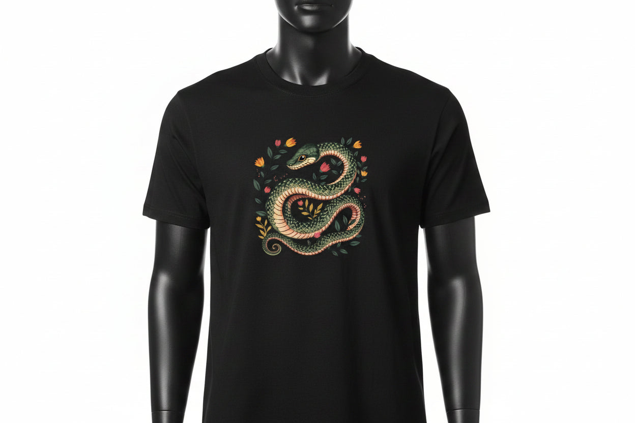 Black tee shirt with a serpent and floral design