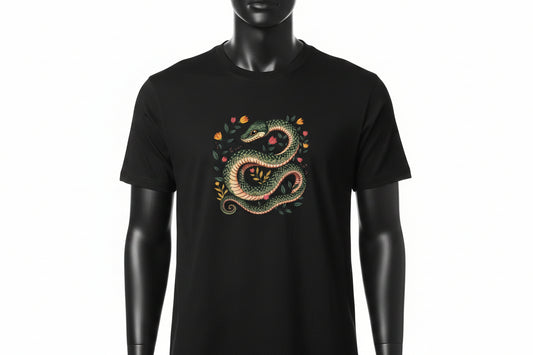 Black tee shirt with a serpent and floral design