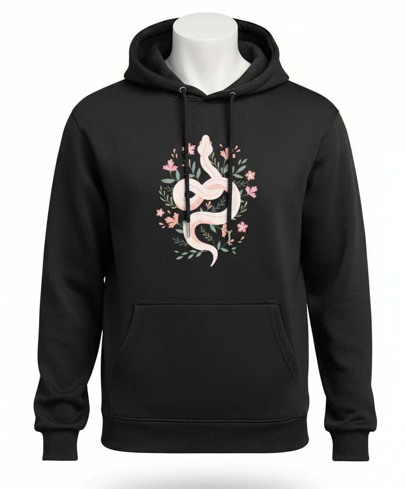 a hoodie featuring a serpent and floral design 