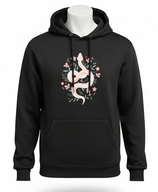 a hoodie featuring a serpent and floral design 