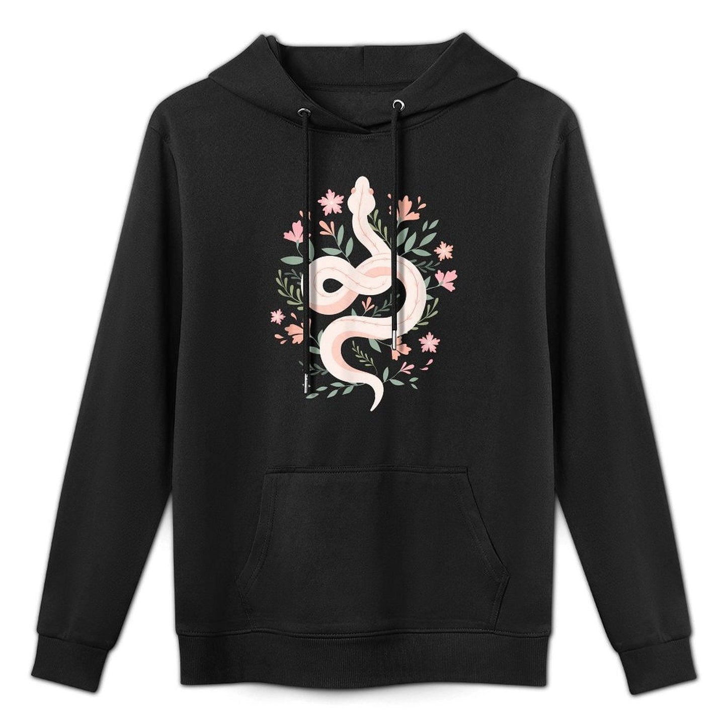 A black pullover hoodie featuring a central graphic of a white snake coiled within a circular floral wreath of pink flowers and green leaves, set against a plain white background.