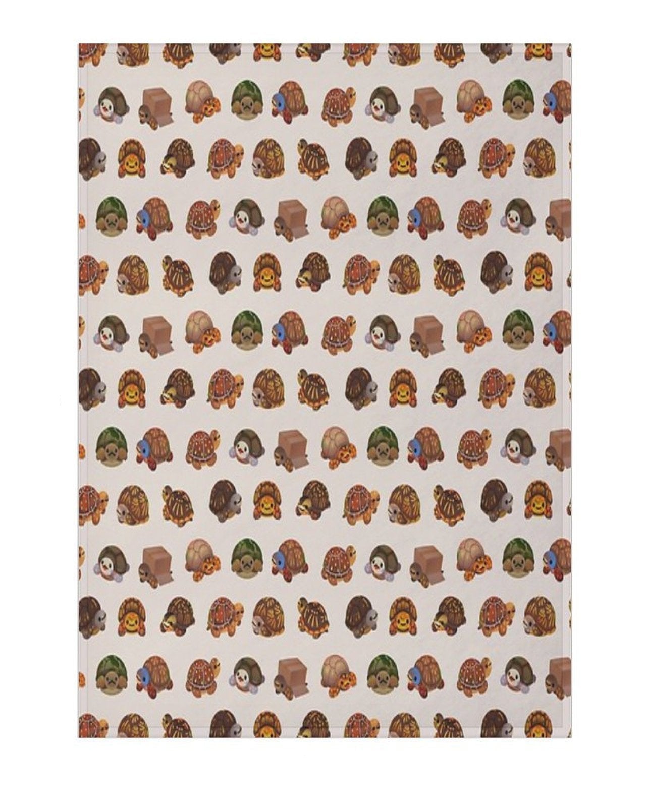 a white blanket featuring a repeating pattern of box turtles 