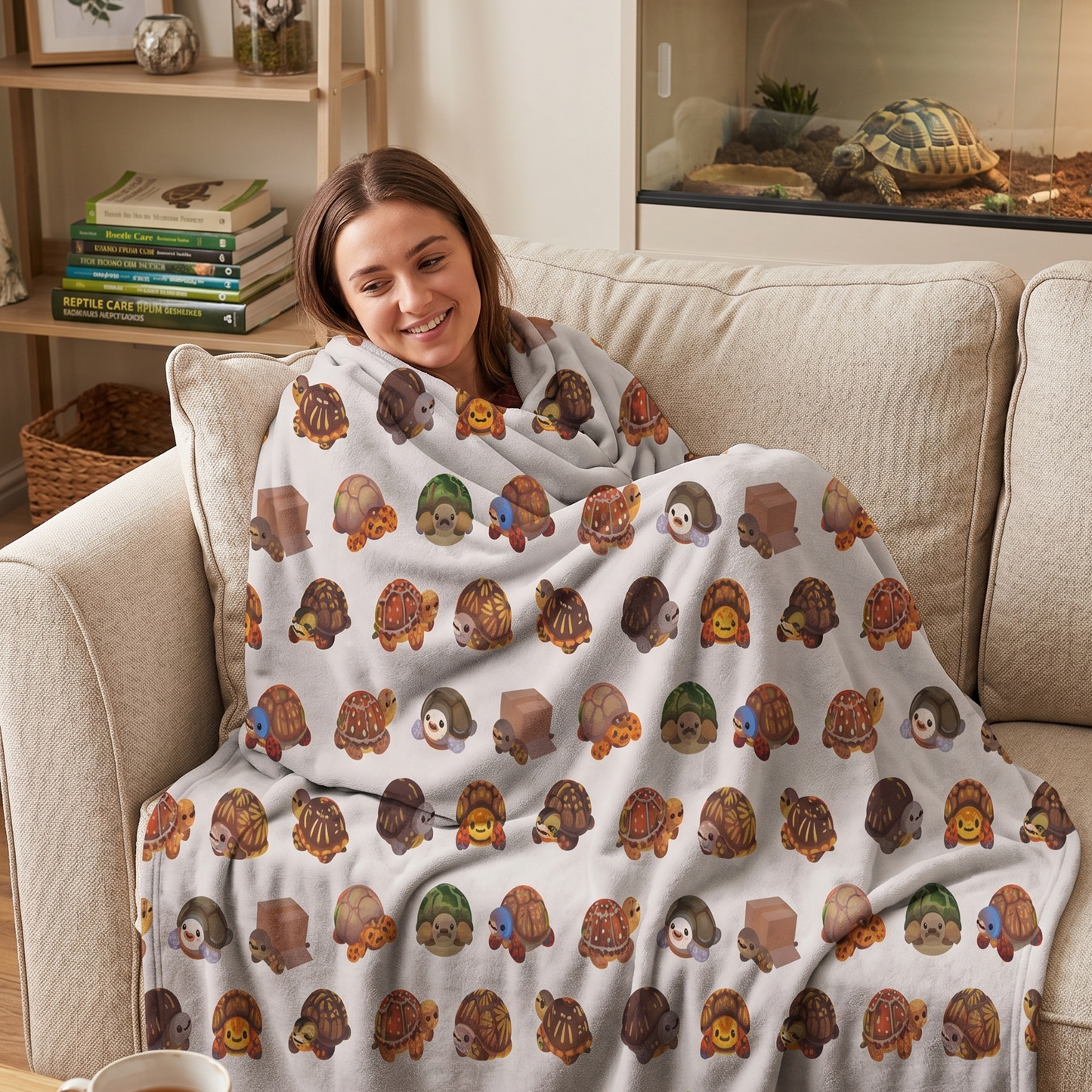 A woman sits on a beige couch wrapped in a light gray blanket printed with a repeating pattern of cartoon turtles in earthy brown, green, and orange tones. A coffee mug and book are on the table in the foreground, with a bookshelf and display case in the background.