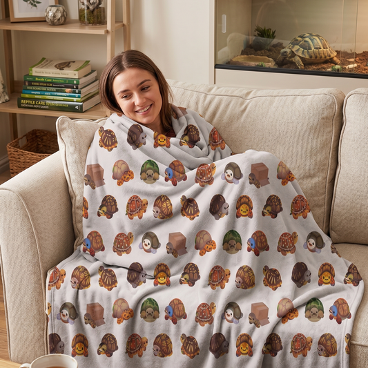 A woman sits on a beige couch wrapped in a light gray blanket printed with a repeating pattern of cartoon turtles in earthy brown, green, and orange tones. A coffee mug and book are on the table in the foreground, with a bookshelf and display case in the background.