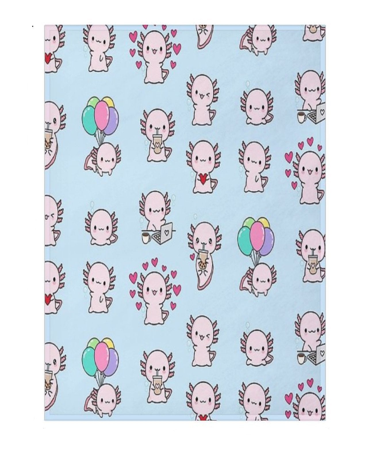 blanket with cartoon axolotls doing various activities 