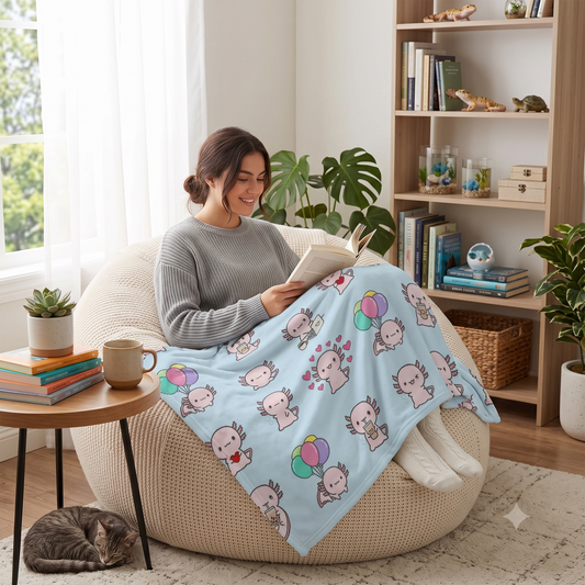 A woman sits in a large cream beanbag chair in a cozy living room, reading a book while wrapped in a light blue blanket printed with cute cartoon axolotls.