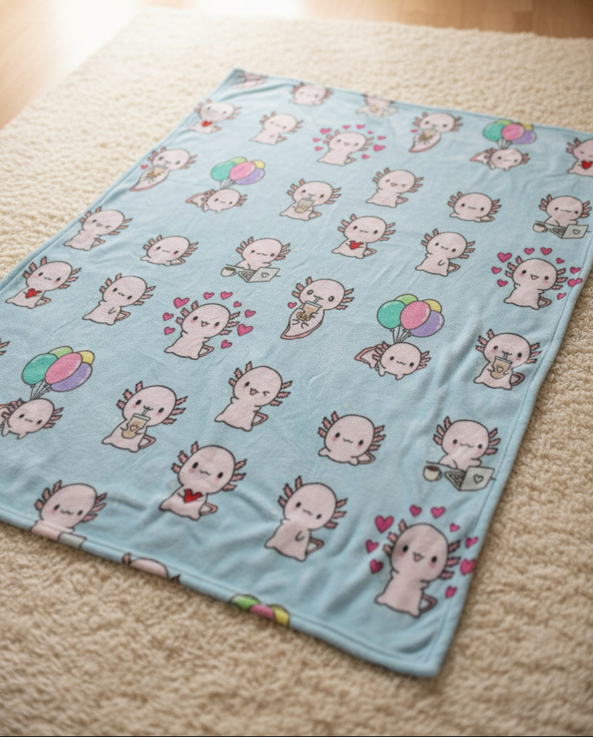 Blanket with cartoon axolotl pattern