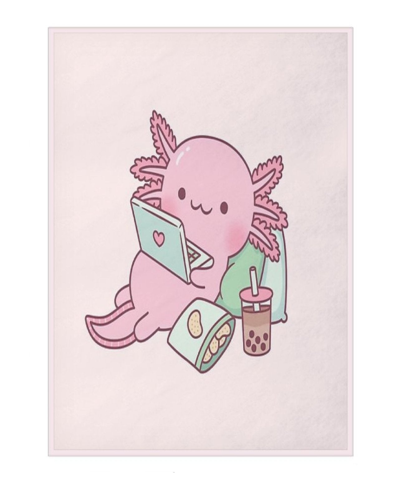 Illustration of a pink axolotl using a laptop with dimensions on a light pink background