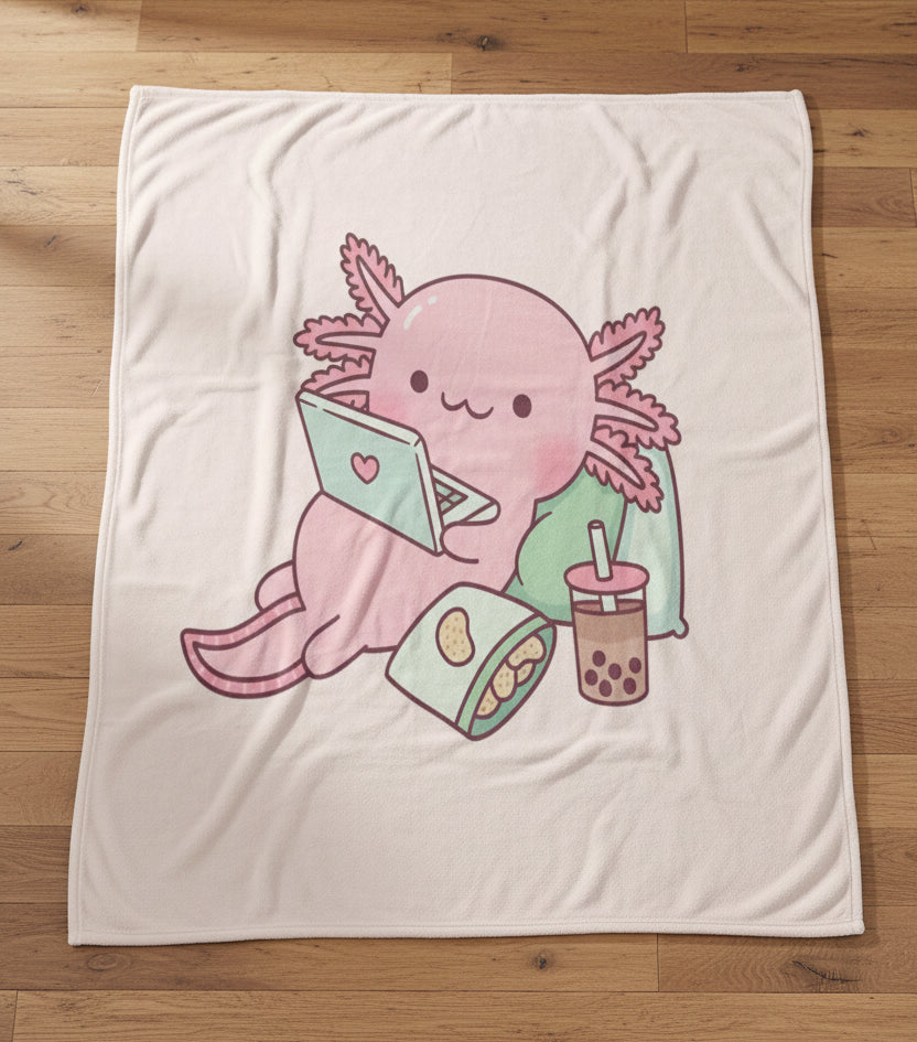 A blanket with a cute pink axolotl design on a white background