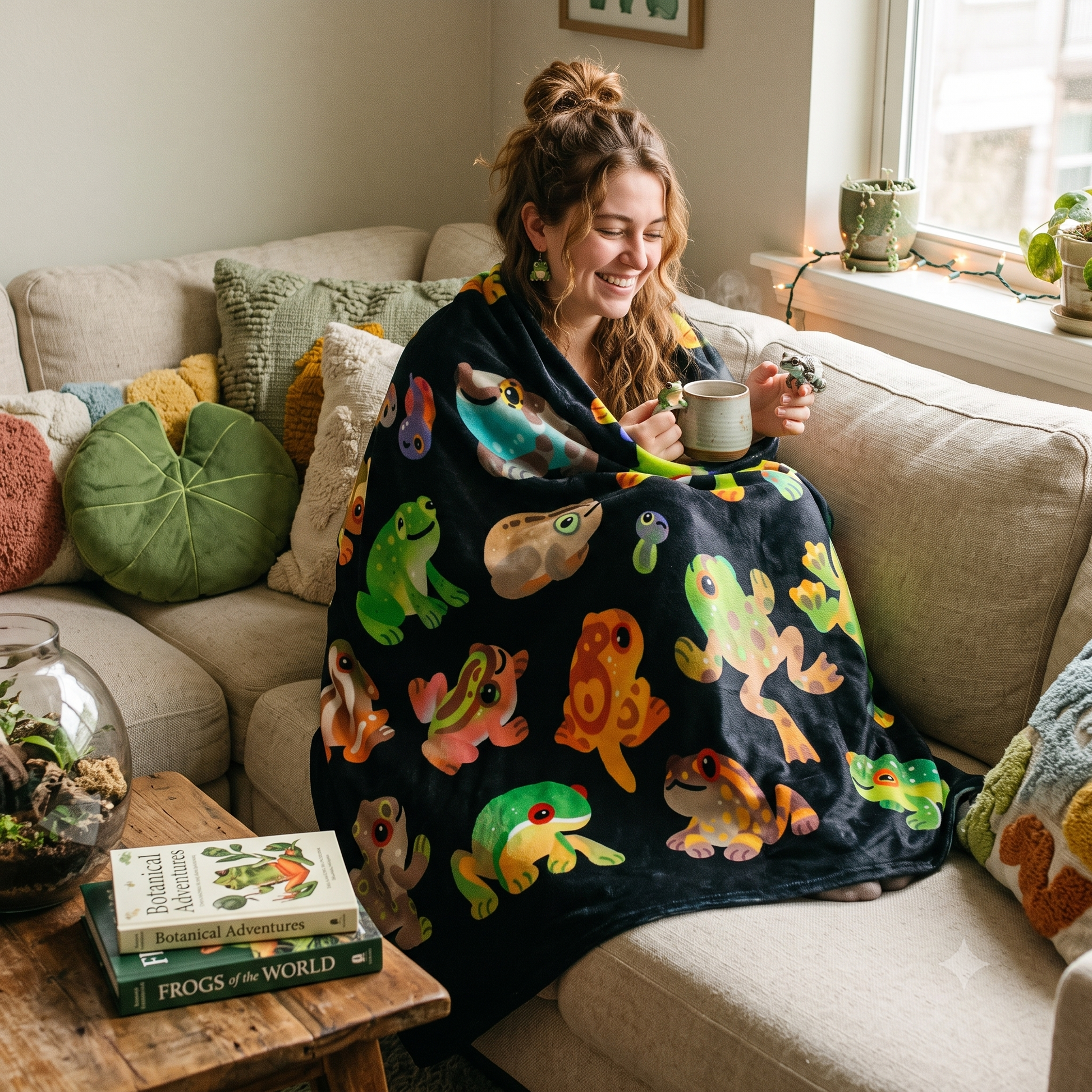 A woman sits on a beige sofa in a living room, wrapped in a dark blanket printed with colorful cartoon frogs. She holds a mug, with books and pillows visible around her.