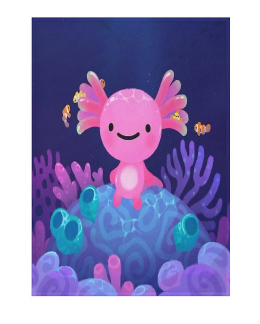 Illustration of a pink axolotl surrounded by purple and blue underwater plants