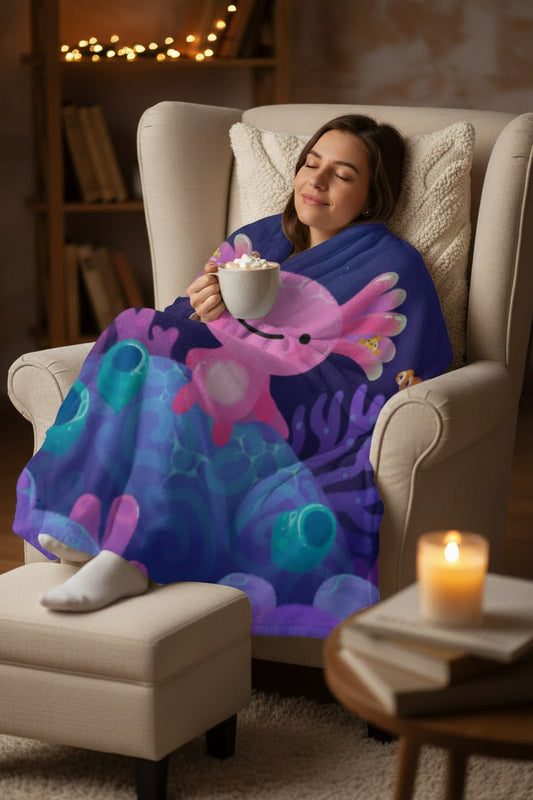 a woman sitting in a chair with a blanket featuring a axolotl on a coral reef