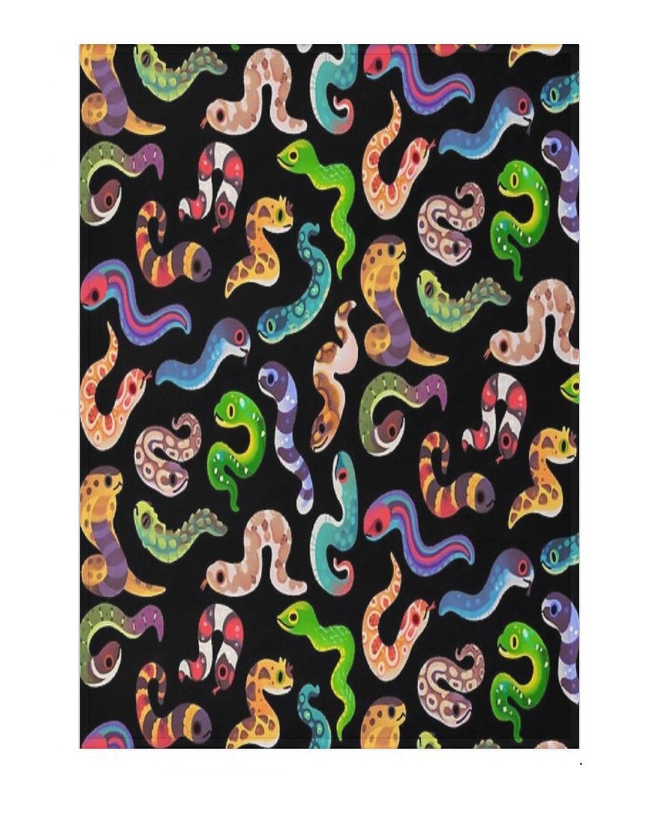 A throw featuring a pattern of colorful snakes
