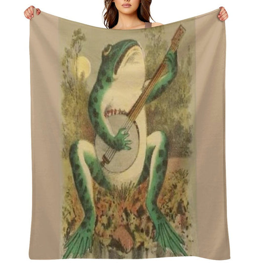 Vintage Whimsical Frog Playing The Banjo In The Moonlight, Ribbit. Fun Frog Apparel And Decor Throw Blanket