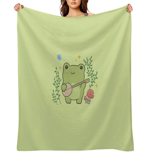 Kawaii Frog Playing Banjo Toad Cottagecore Aesthetic Mushroom And Blue Butterfly Throw Blanket