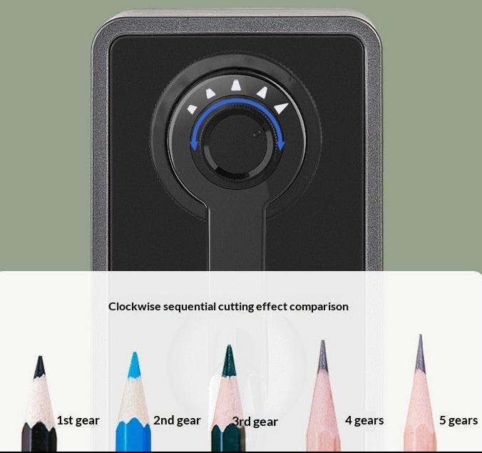 Adjustable pen tip dial on a black writing instrument, with text explaining 5-level thickness adjustment for black and colored pencils, plus a comparison strip showing pencil tip changes from 1st gear to 5 gears.