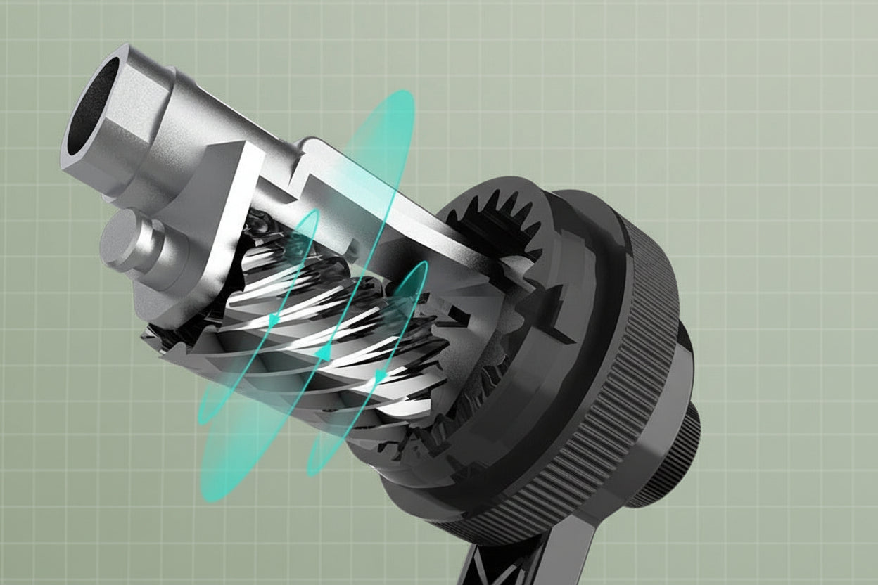 Anatomical rendering of a metal rolling cutter with a cutaway view showing internal gears and blades, set against a light green grid 