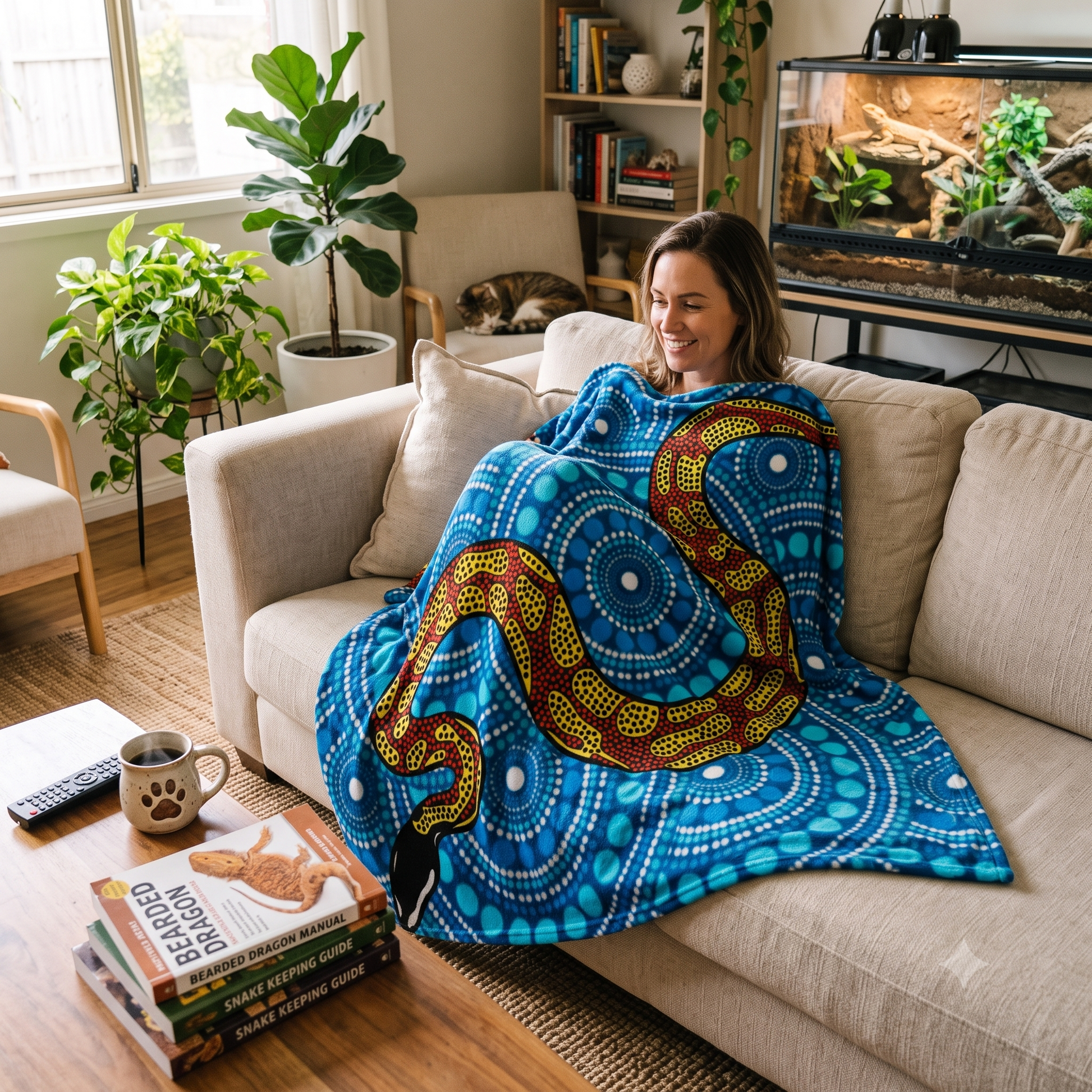 A woman sits on a beige sofa in a living room, wrapped in a bright blue blanket featuring a large red, yellow, and white circular pattern. The room includes a bookshelf, a bearded dragon tank, a potted plant, and a coffee table with books and a mug