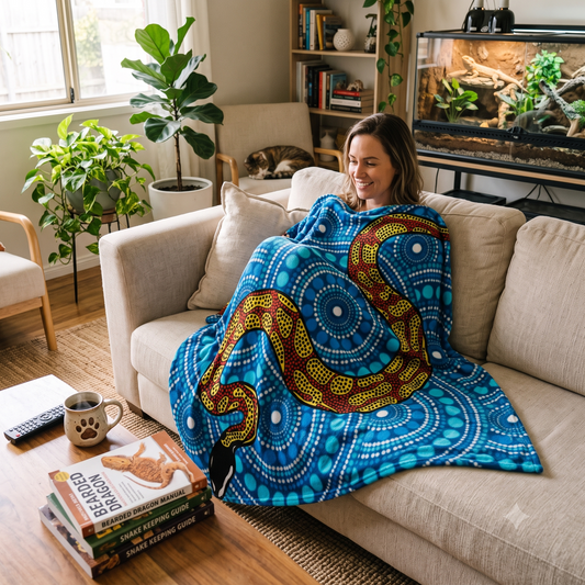 A woman sits on a beige sofa in a living room, wrapped in a bright blue blanket featuring a large red, yellow, and white circular pattern. The room includes a bookshelf, a bearded dragon tank, a potted plant, and a coffee table with books and a mug