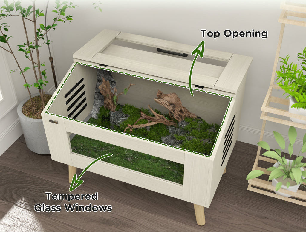 A small elevated reptile terrarium with a cream-colored wooden frame, glass windows, and a green chameleon inside. The image includes text callouts highlighting features: 'EASY OBSERVATION,' 'Top Opening,' and 'Tempered Glass Windows,' with decorative plants around it.