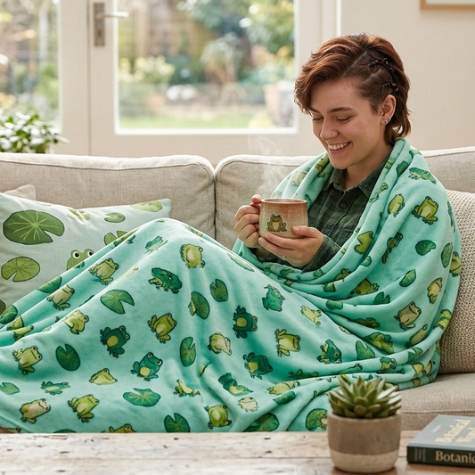A person sits on a beige sofa wrapped in a mint green blanket with a green frog pattern, holding a mug in a cozy living room setting.