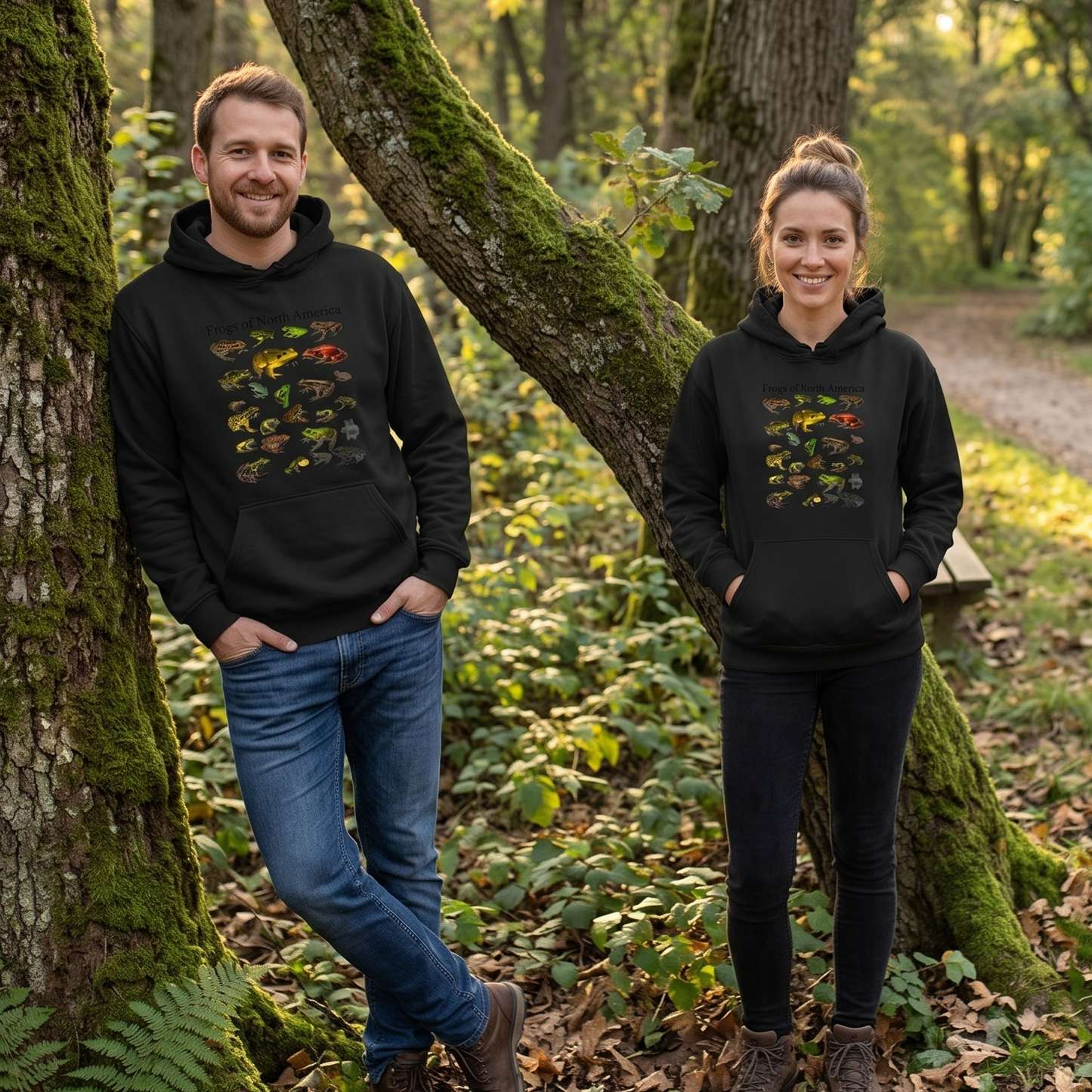 A man and a woman standing in a wooded outdoor setting, both wearing matching black hoodies with a chart of the frog of North America on them