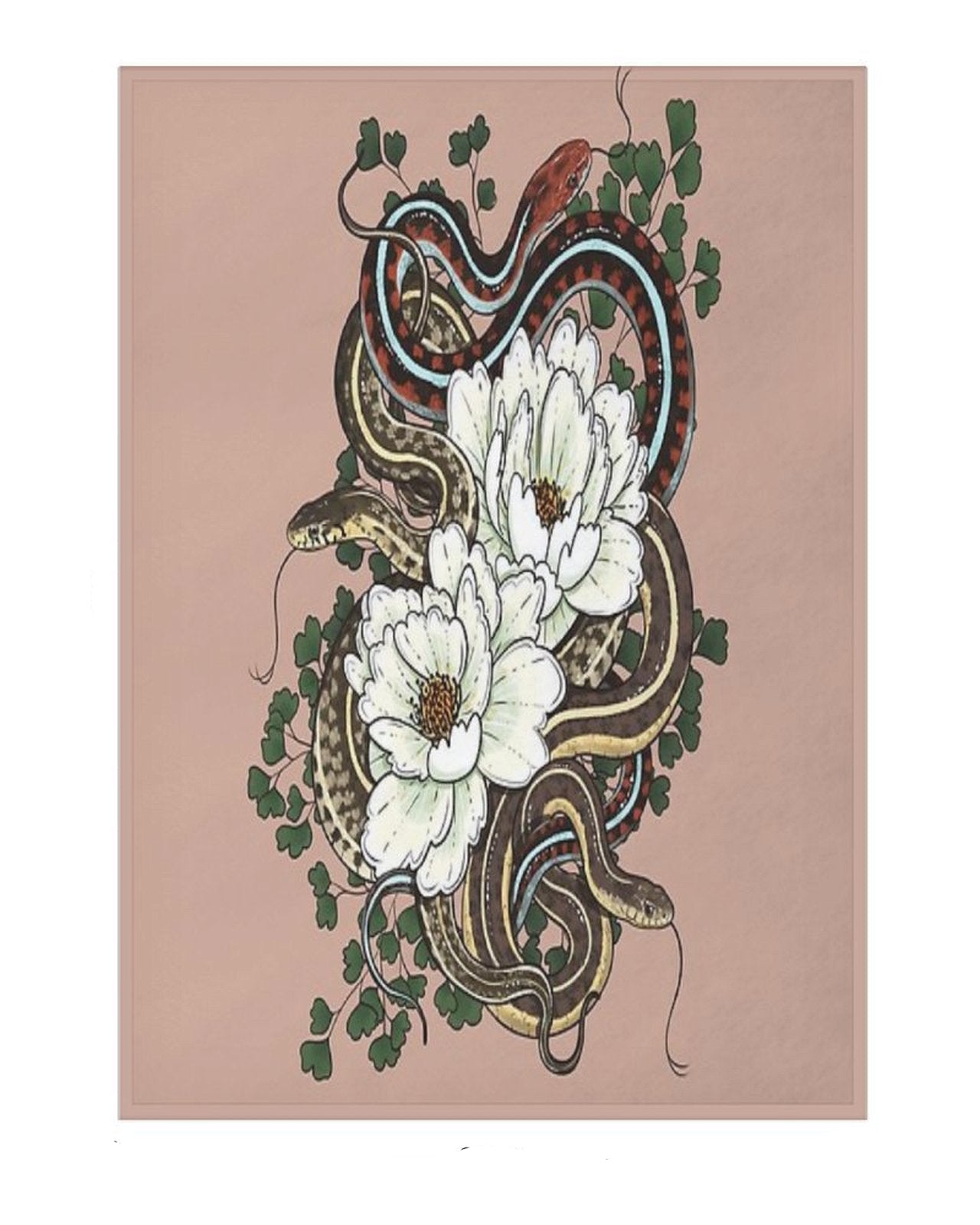 Garter Snakes with White Peonies Throw Blanket