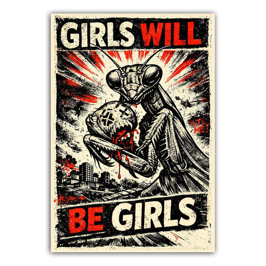 "Girls Will Be Girls" Praying Mantis Vinyl Sticker – 3" x 4"