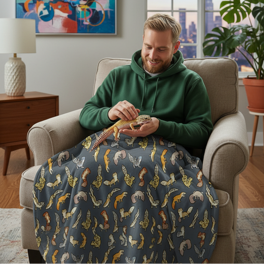A man sitting in a beige armchair in a living room, wearing a green hoodie and holding a leopard gecko while covered from the waist down in a dark blue blanket with a leopard gecko pattern.