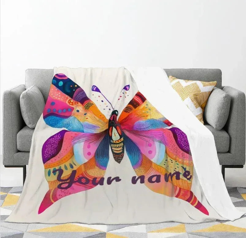 Personalized Butterfly Blanket | Custom Name | Vibrant Colorful Butterfly Wings Purple Script Flannel Fleece Throw Gift