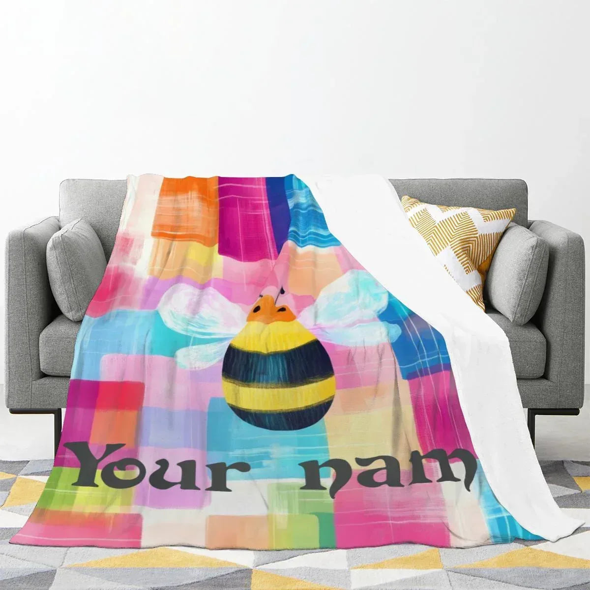 Personalized Bee Blanket | Custom Name | Cartoon Bumblebee Colorful Painted Patchwork Rainbow Fleece Throw Gift