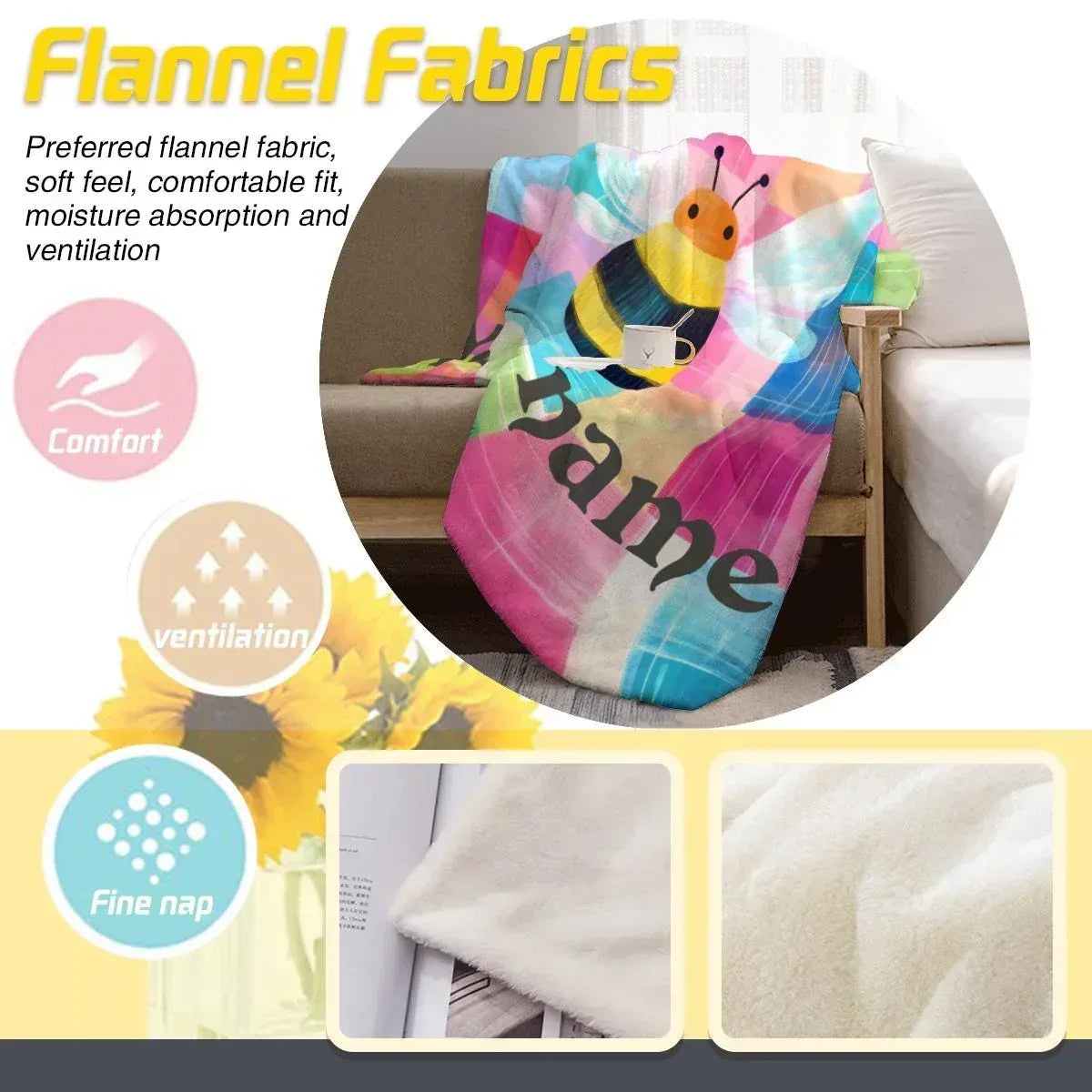 Personalized Bee Blanket | Custom Name | Cartoon Bumblebee Colorful Painted Patchwork Rainbow Fleece Throw Gift