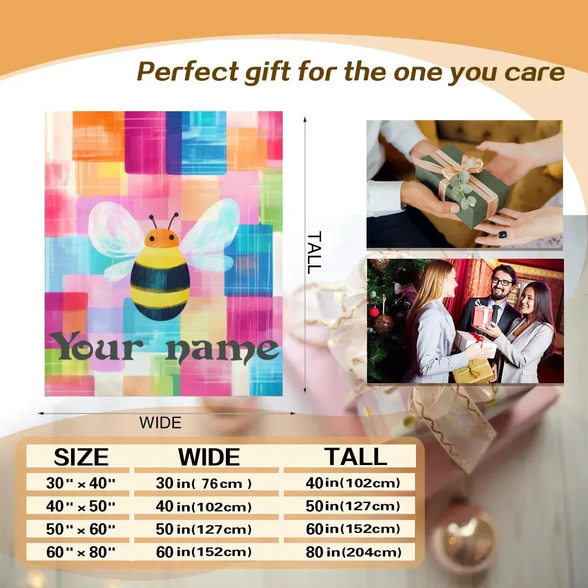 Personalized Bee Blanket | Custom Name | Cartoon Bumblebee Colorful Painted Patchwork Rainbow Fleece Throw Gift