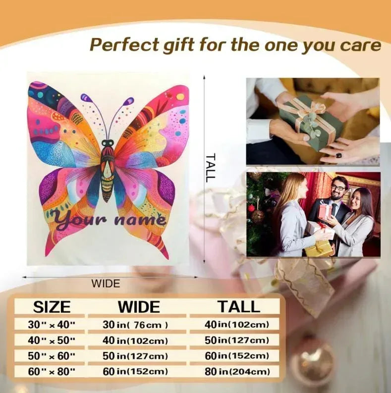 Personalized Butterfly Blanket | Custom Name | Vibrant Colorful Butterfly Wings Purple Script Flannel Fleece Throw Gift