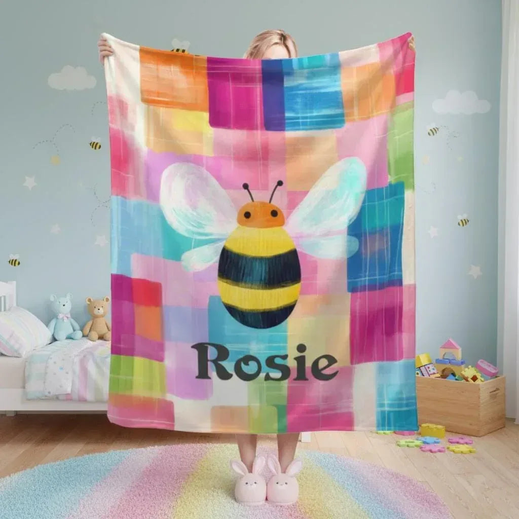 Personalized Bee Blanket | Custom Name | Cartoon Bumblebee Colorful Painted Patchwork Rainbow Fleece Throw Gift