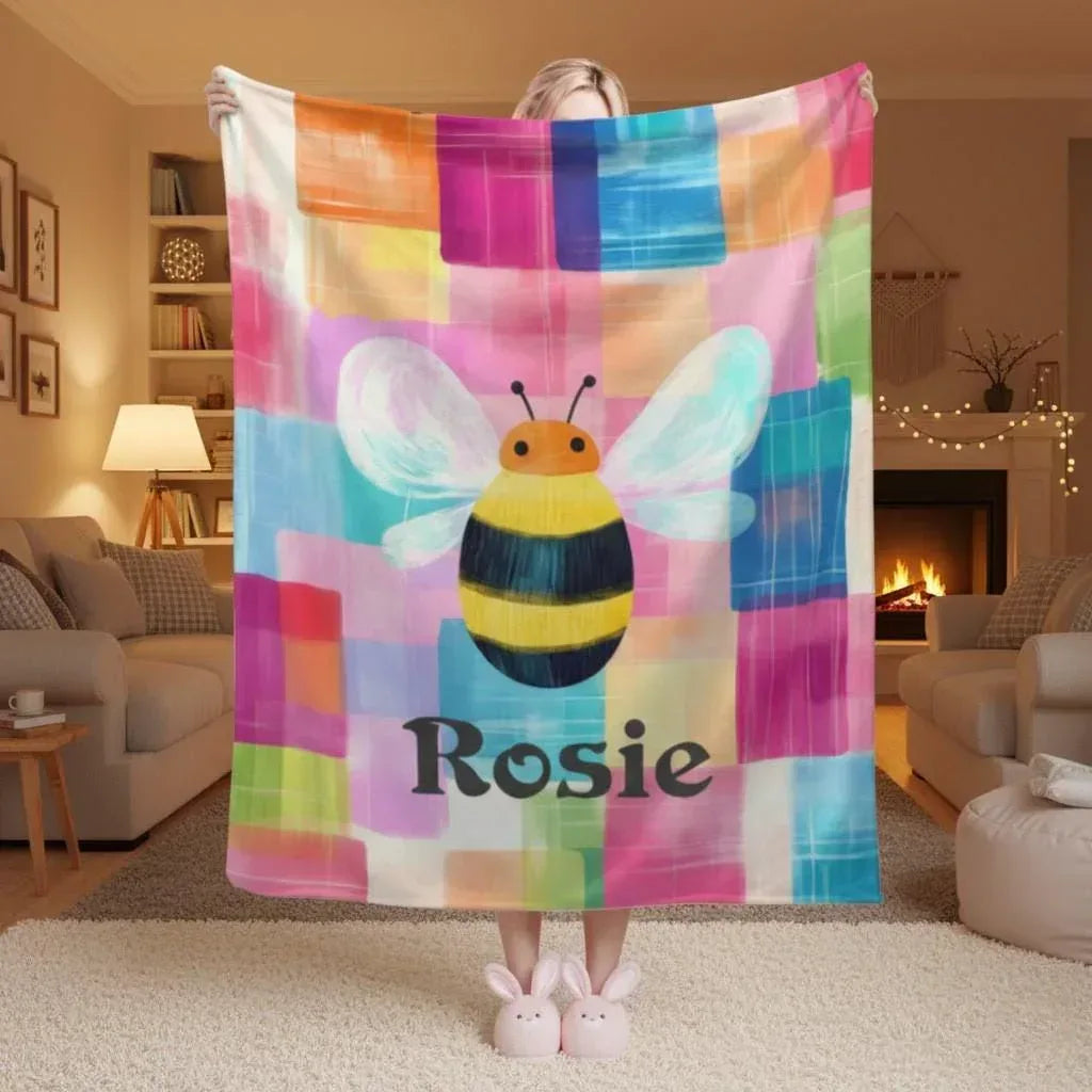 Personalized Bee Blanket | Custom Name | Cartoon Bumblebee Colorful Painted Patchwork Rainbow Fleece Throw Gift